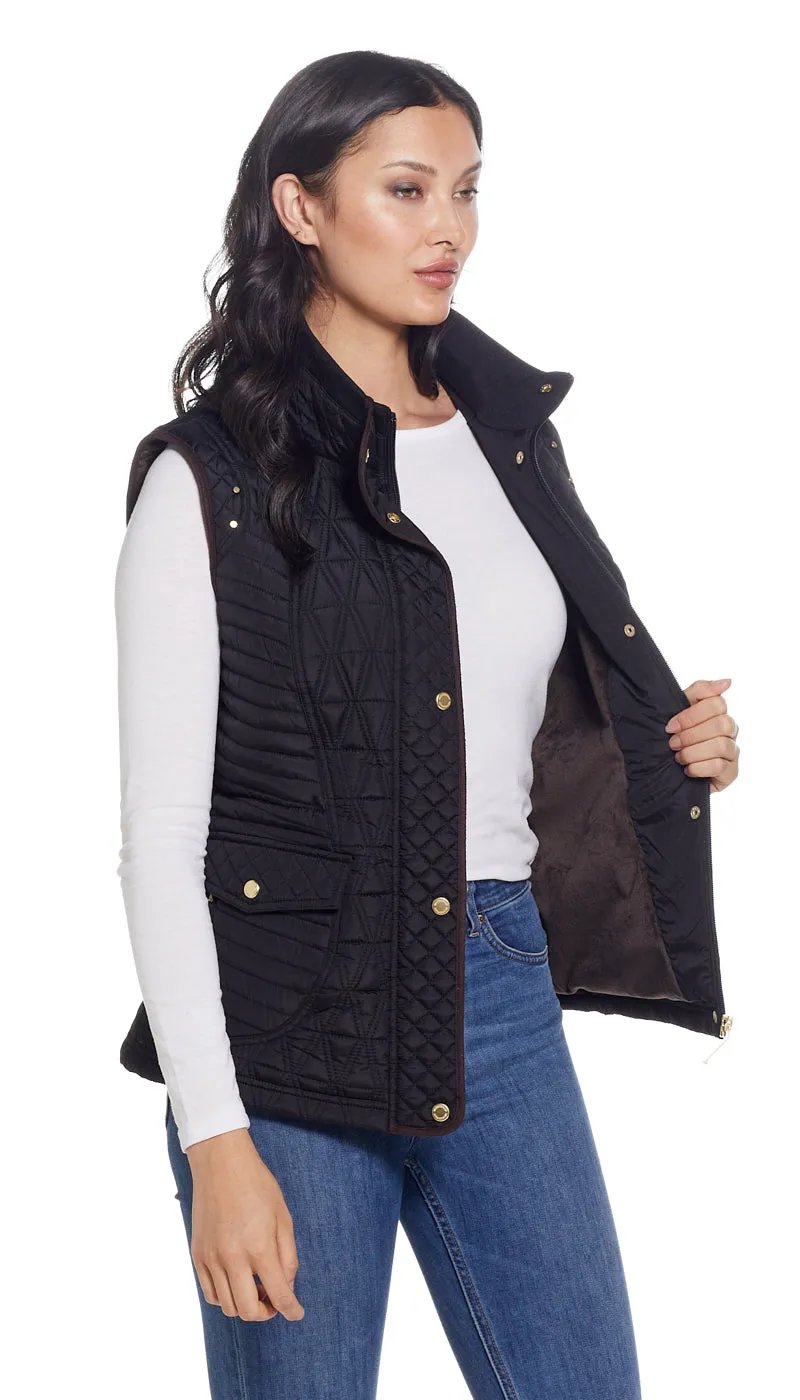 QUILTED VEST WITH COZY LINING AND FAUX SUEDE TRIM