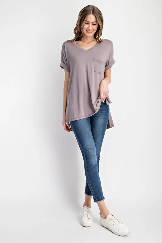 Rae Mode V-Neck Basic High Low Hem Top (Latte, Coal Black & Vintage Denim)