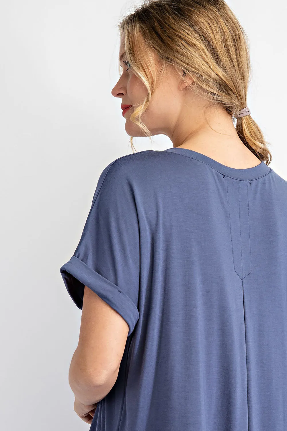 Rae Mode V-Neck Basic High Low Hem Top (Latte, Coal Black & Vintage Denim)