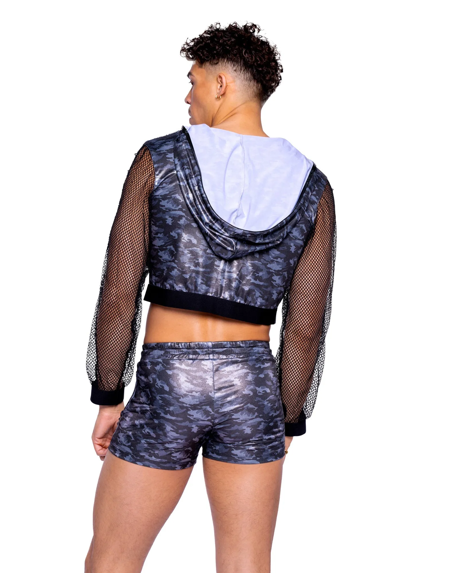 Roma Mens Rave Festival Shimmer Camouflage Cropped Hooded Jacket