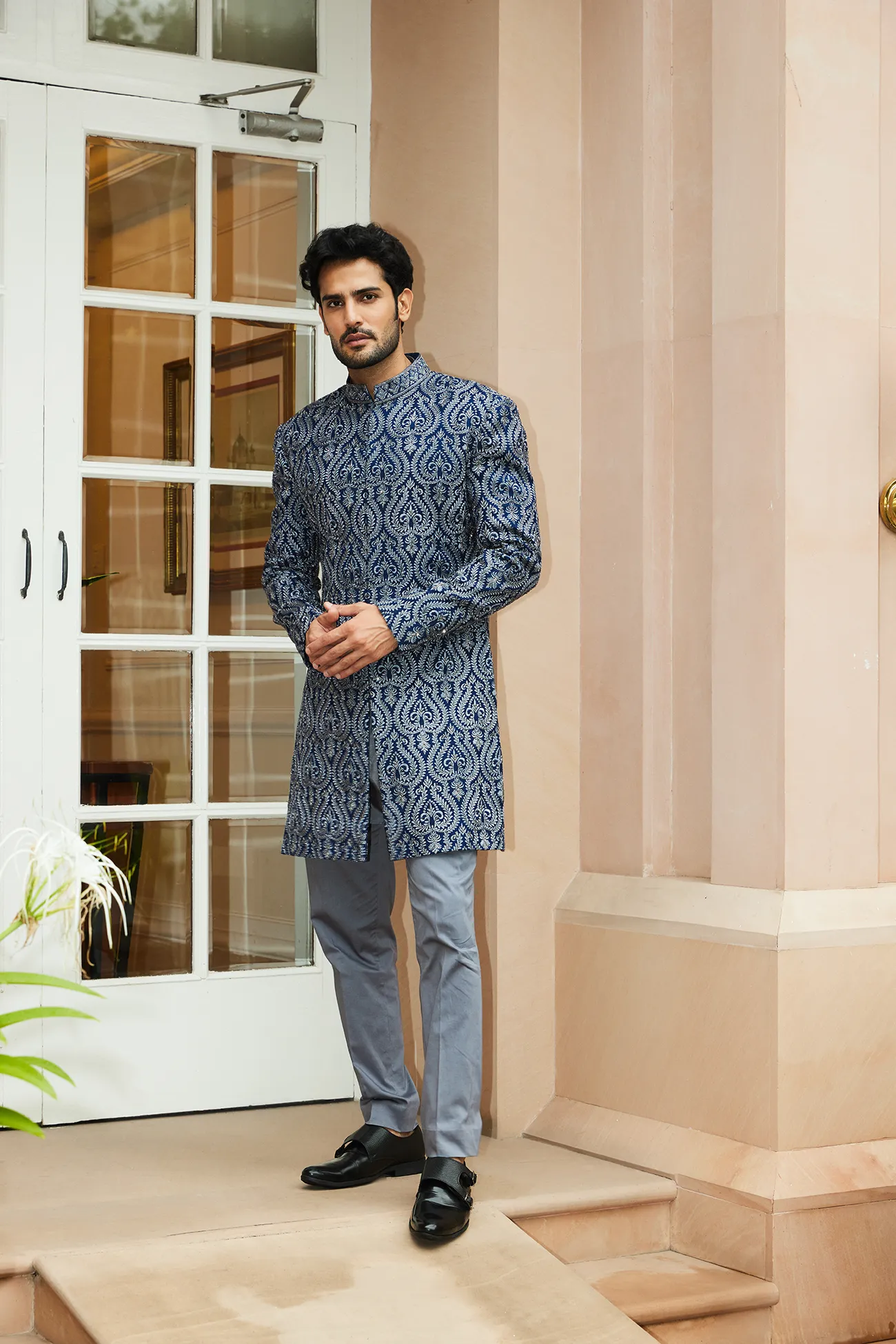 ROYAL BLUE MATKA SILK SHERWANI KURTA TROUSER SET