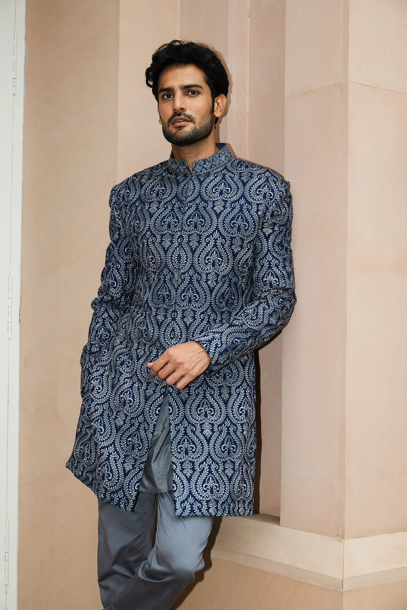 ROYAL BLUE MATKA SILK SHERWANI KURTA TROUSER SET