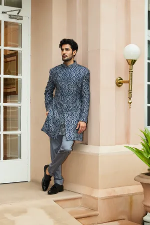 ROYAL BLUE MATKA SILK SHERWANI KURTA TROUSER SET