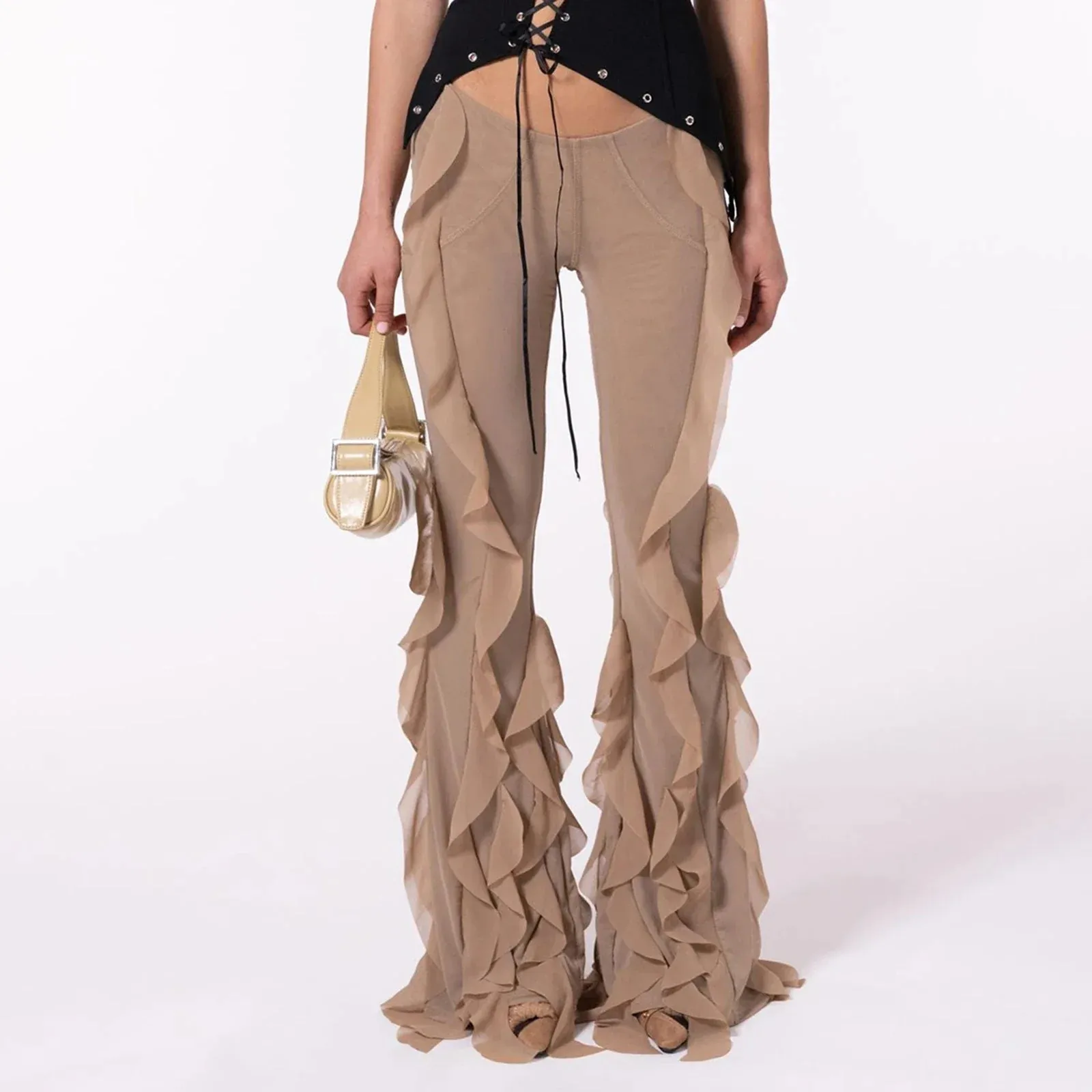 Ruffled Flare Long Solid Low Rise Stretch Bell-Bottom Fashion Streetwear Y2K Pants