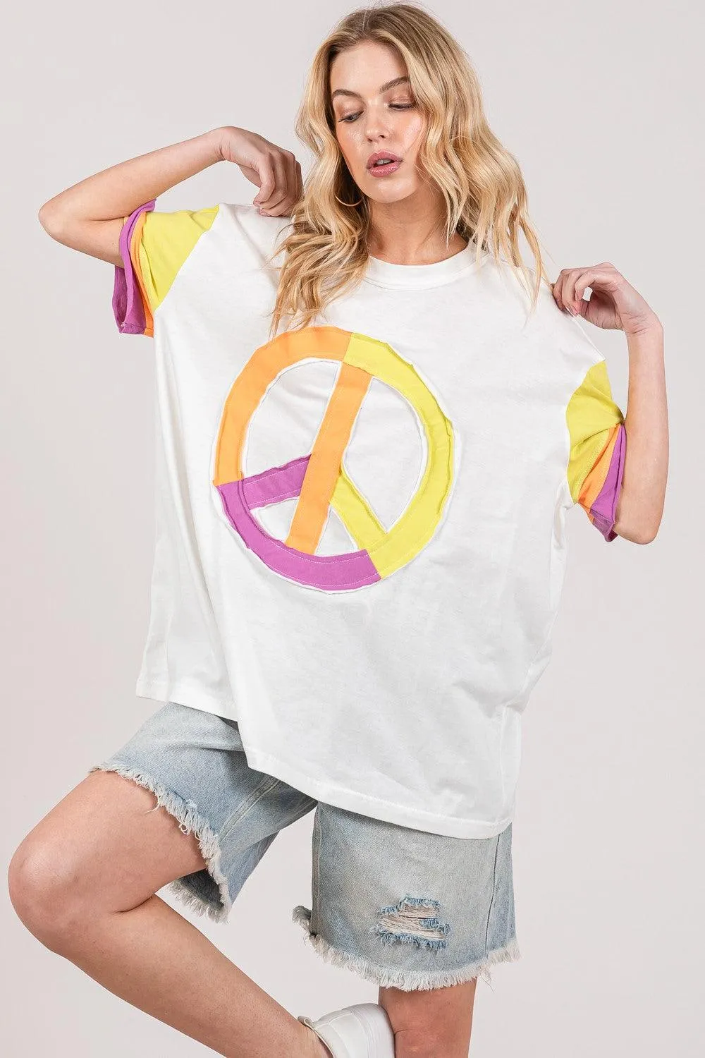 SAGE   FIG Color Block Peace Applique T-Shirt