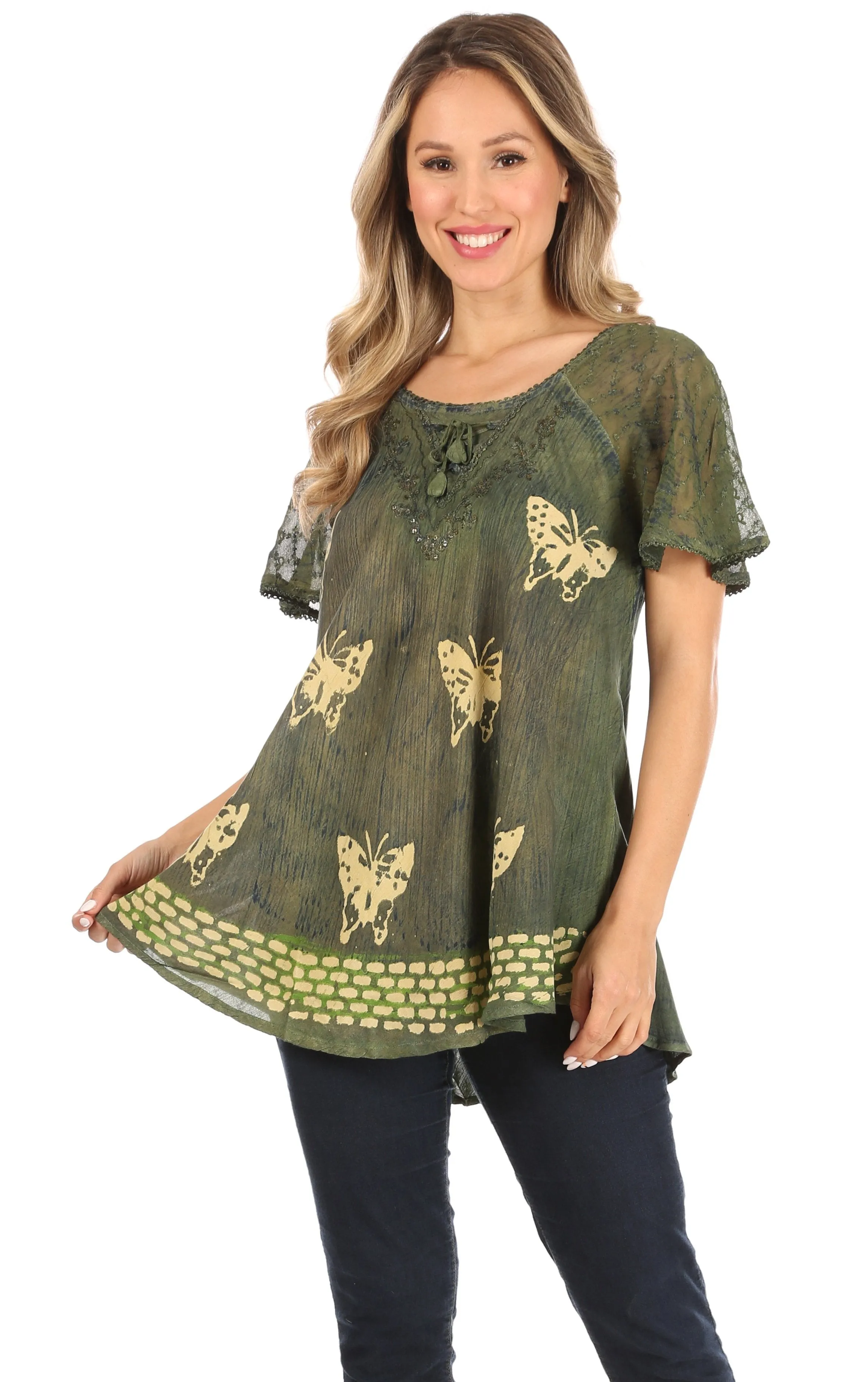 Sakkas Petra Women's Casual Loose Flared Corset Short Sleeve Lace Blouse Top Tunic