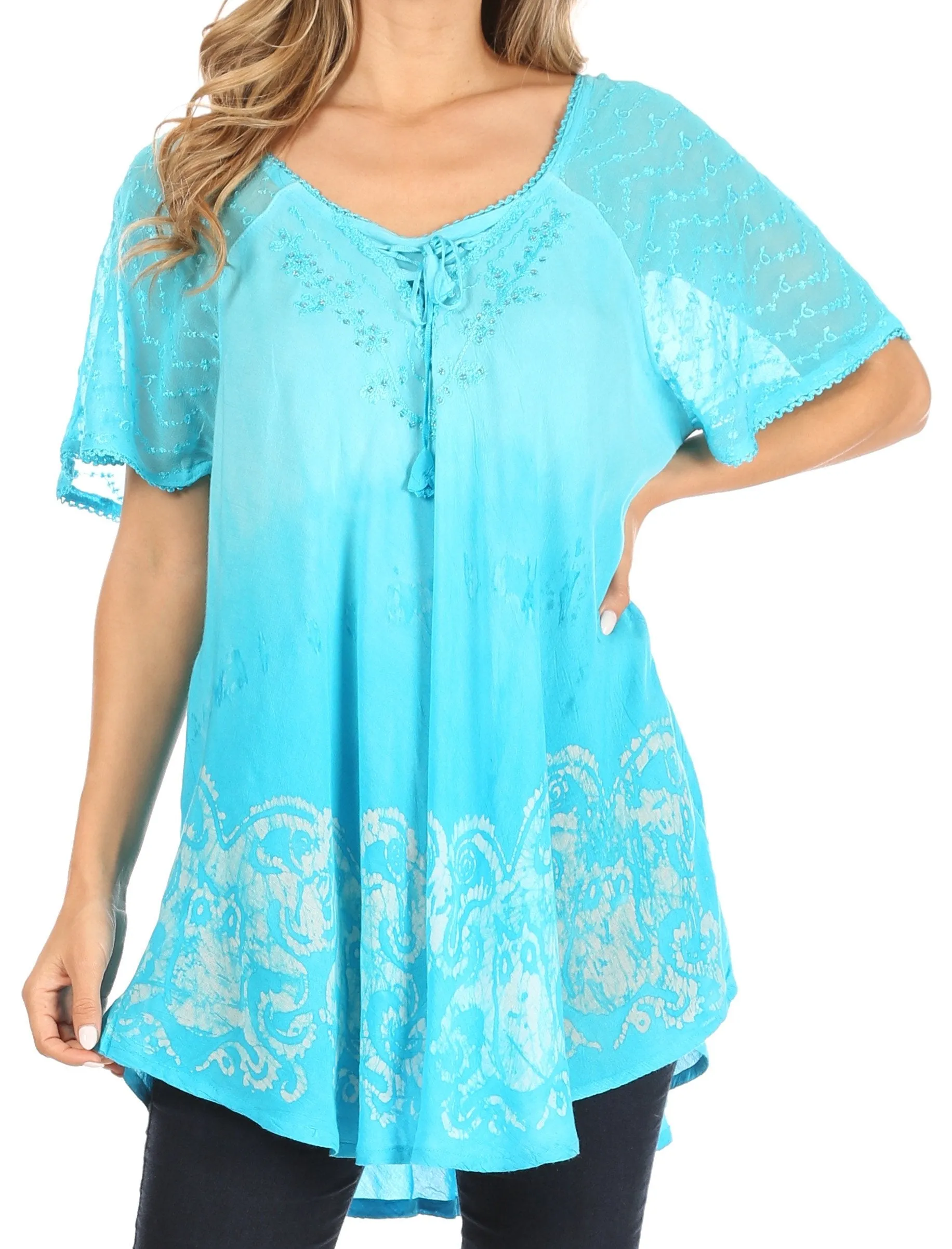 Sakkas Petra Women's Casual Loose Flared Corset Short Sleeve Lace Blouse Top Tunic