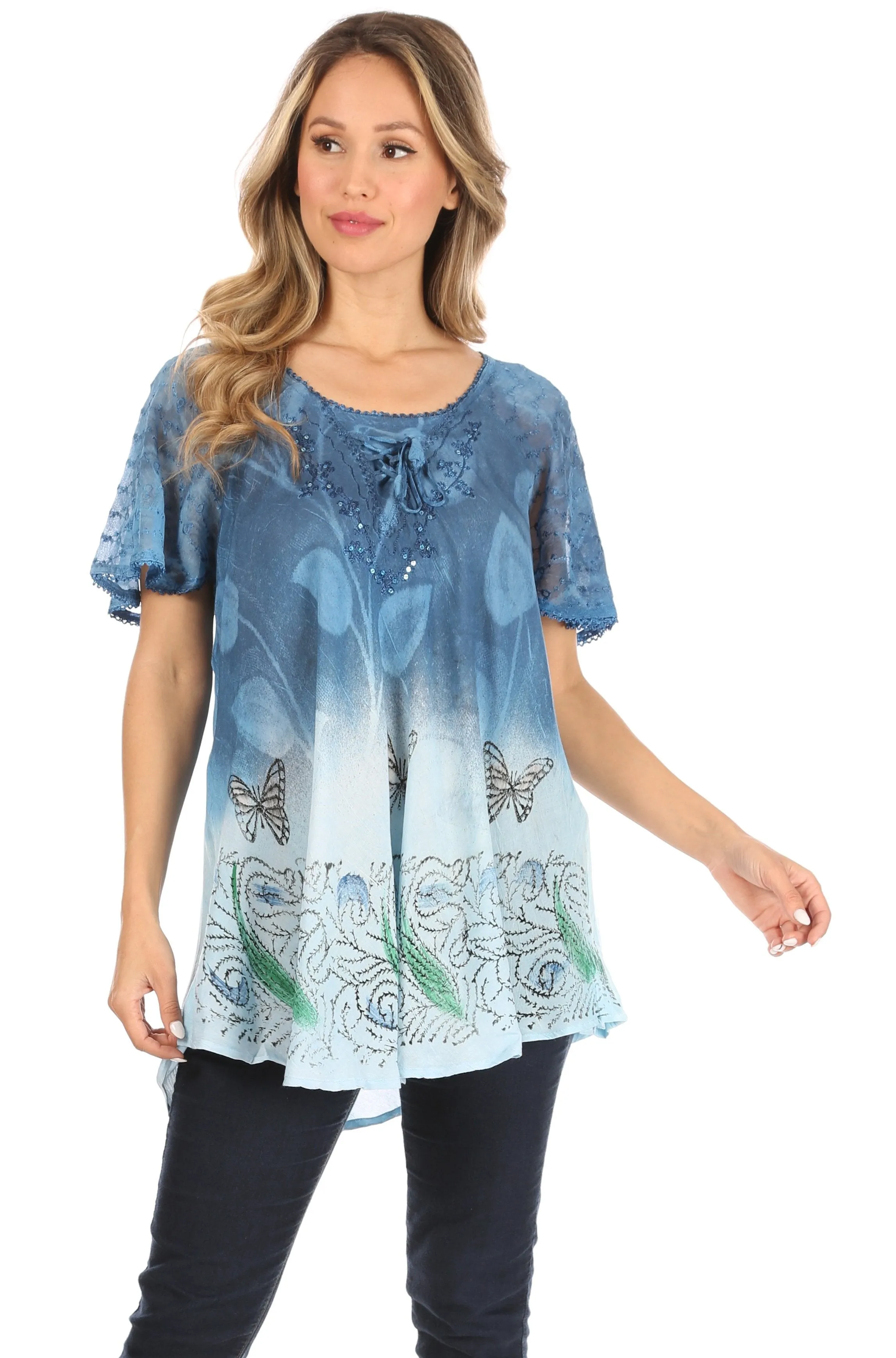 Sakkas Petra Women's Casual Loose Flared Corset Short Sleeve Lace Blouse Top Tunic