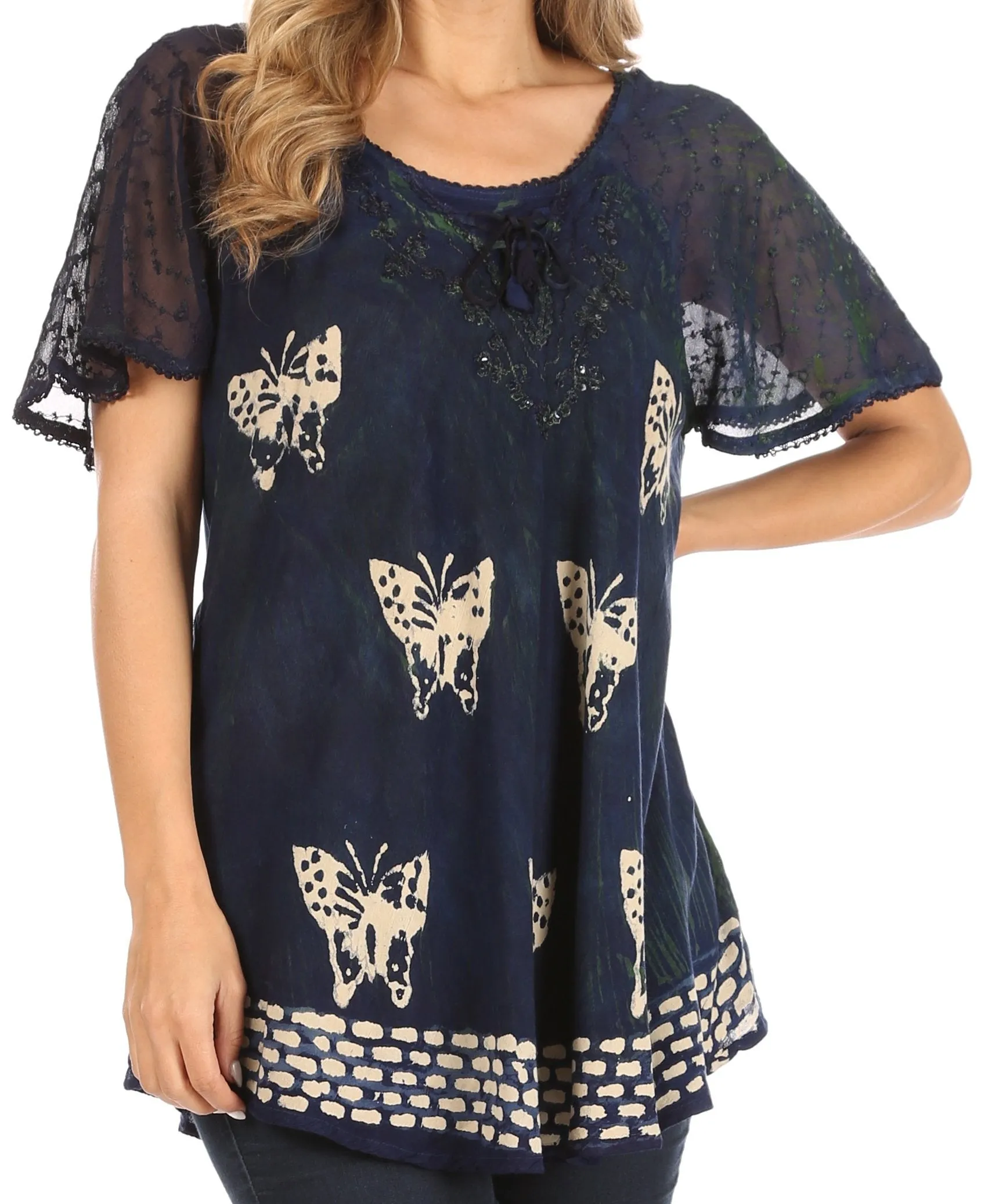 Sakkas Petra Women's Casual Loose Flared Corset Short Sleeve Lace Blouse Top Tunic