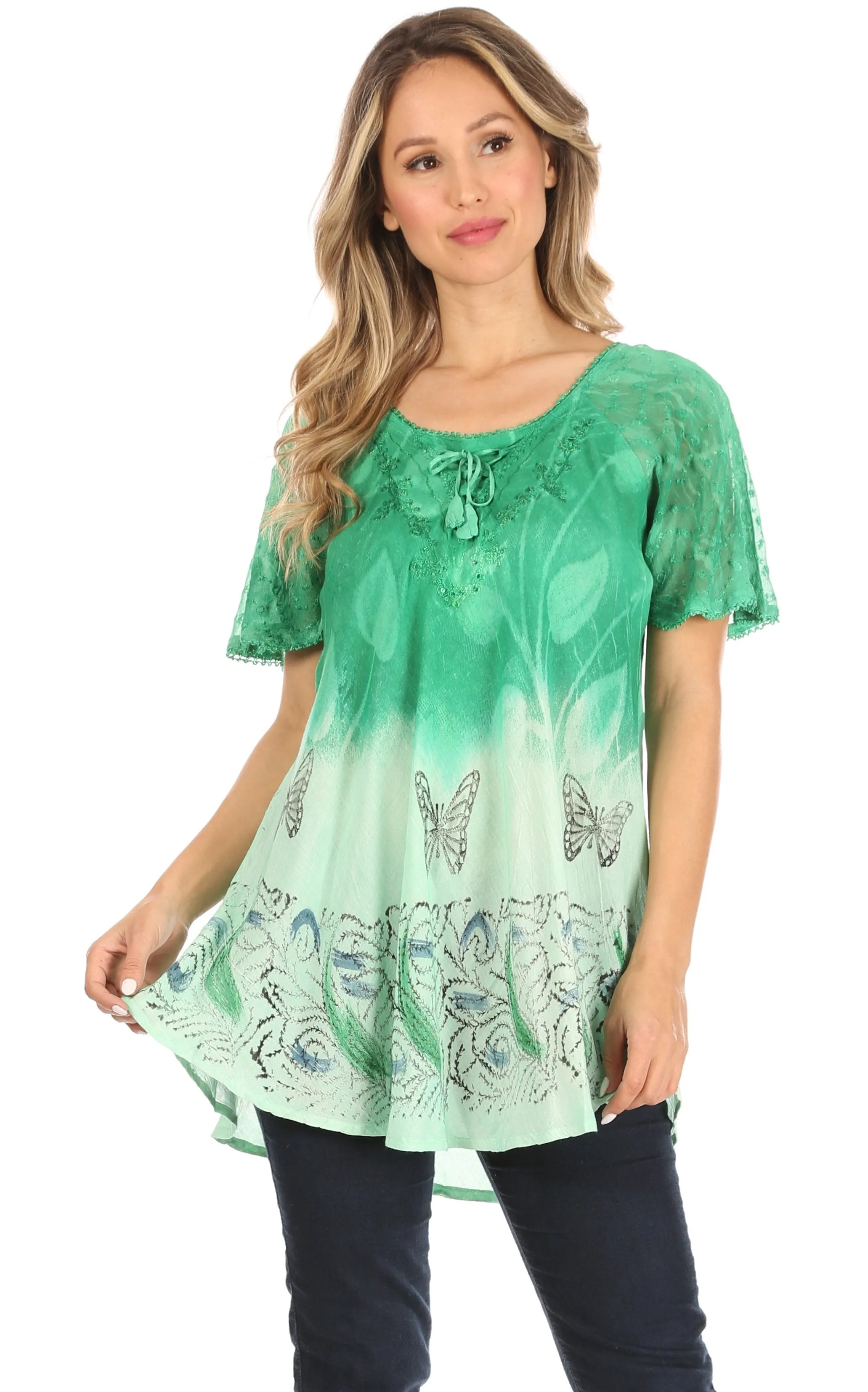 Sakkas Petra Women's Casual Loose Flared Corset Short Sleeve Lace Blouse Top Tunic