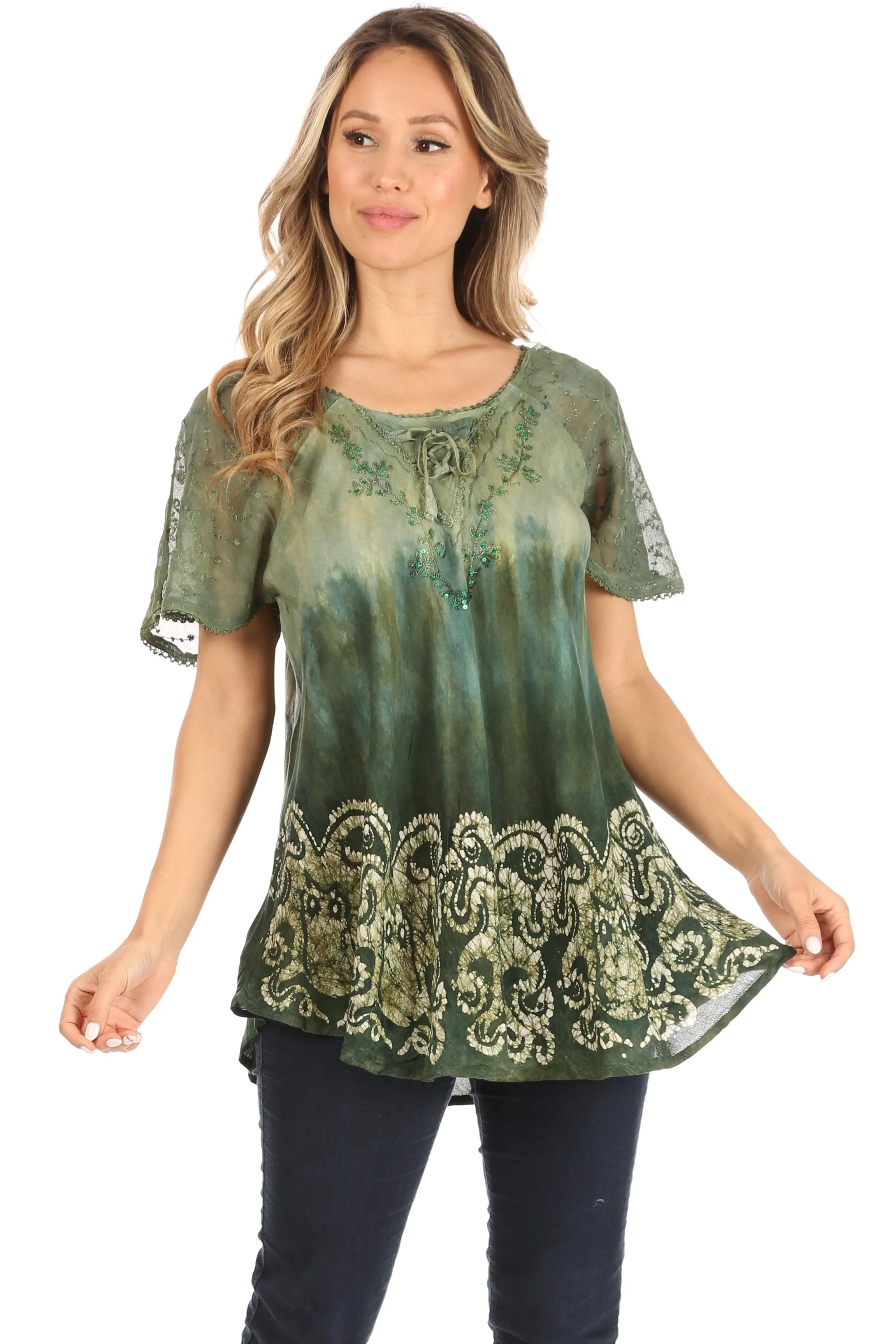 Sakkas Petra Women's Casual Loose Flared Corset Short Sleeve Lace Blouse Top Tunic