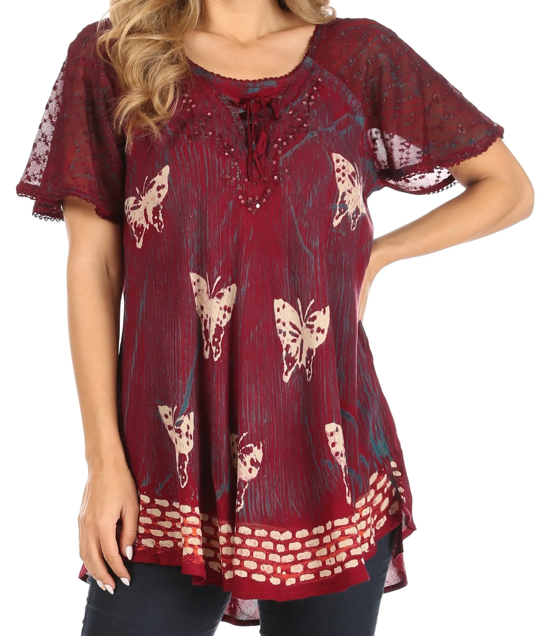 Sakkas Petra Women's Casual Loose Flared Corset Short Sleeve Lace Blouse Top Tunic