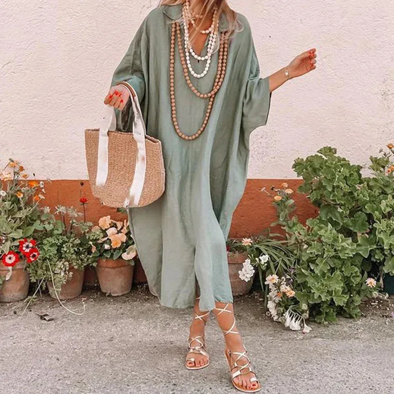 Sleeve Summer Dress Elegant Irregular New Loose Solid Split Long V-neck Batwing