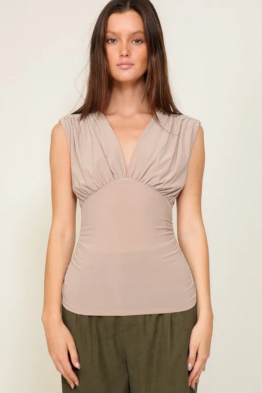 Sleeveless V-neck Pleated Top with Side Ruched