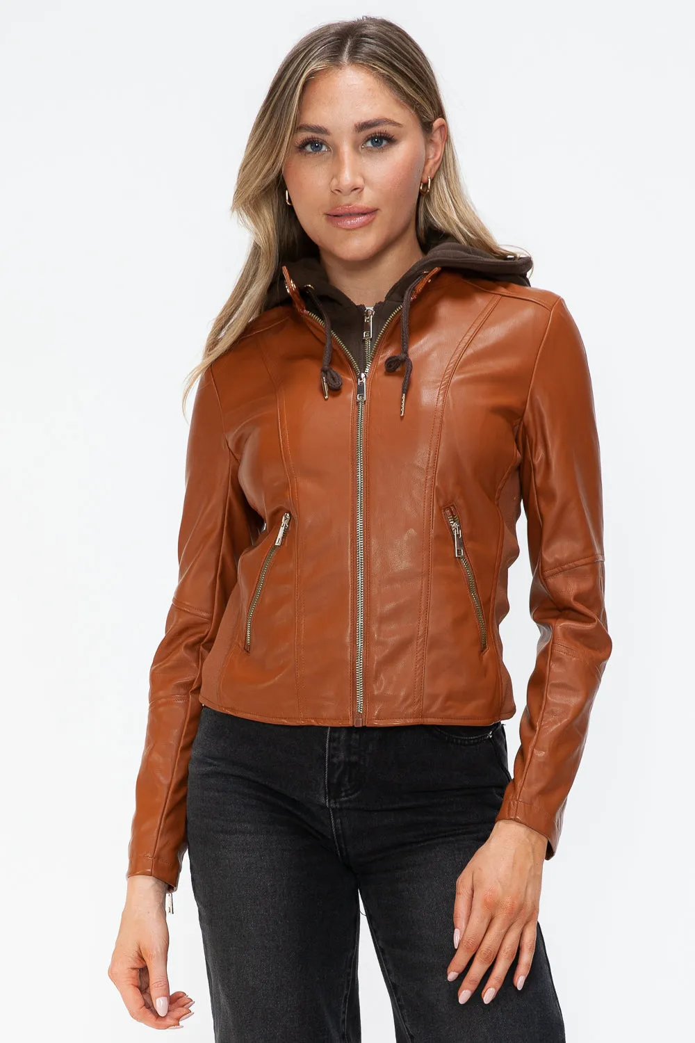 Snobbish Faux Leather Zip Up Drawstring Hooded Jacket