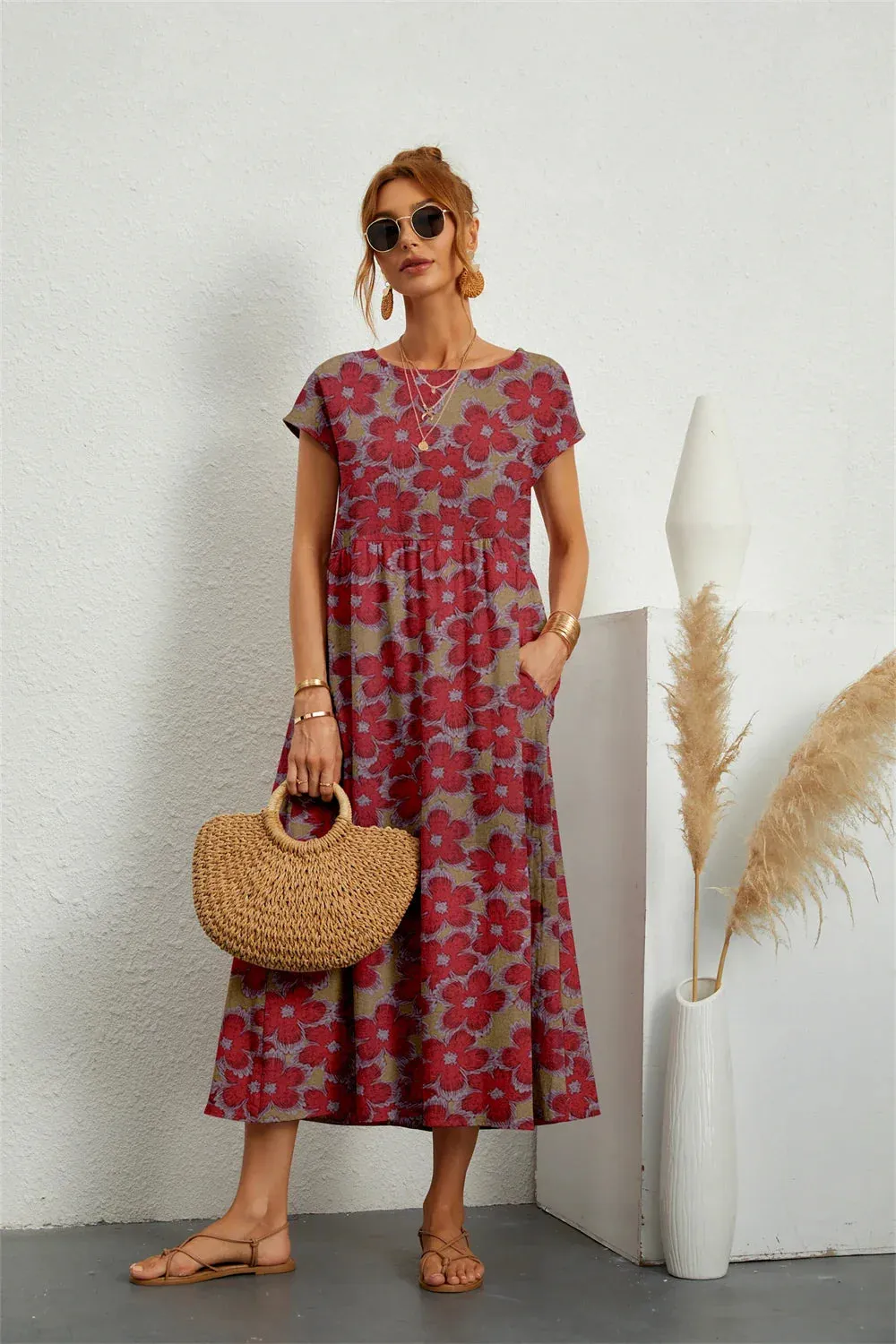 Summer Casual Fashion Short Sleeve Print O-neck Midi Dress with Pockets for Women