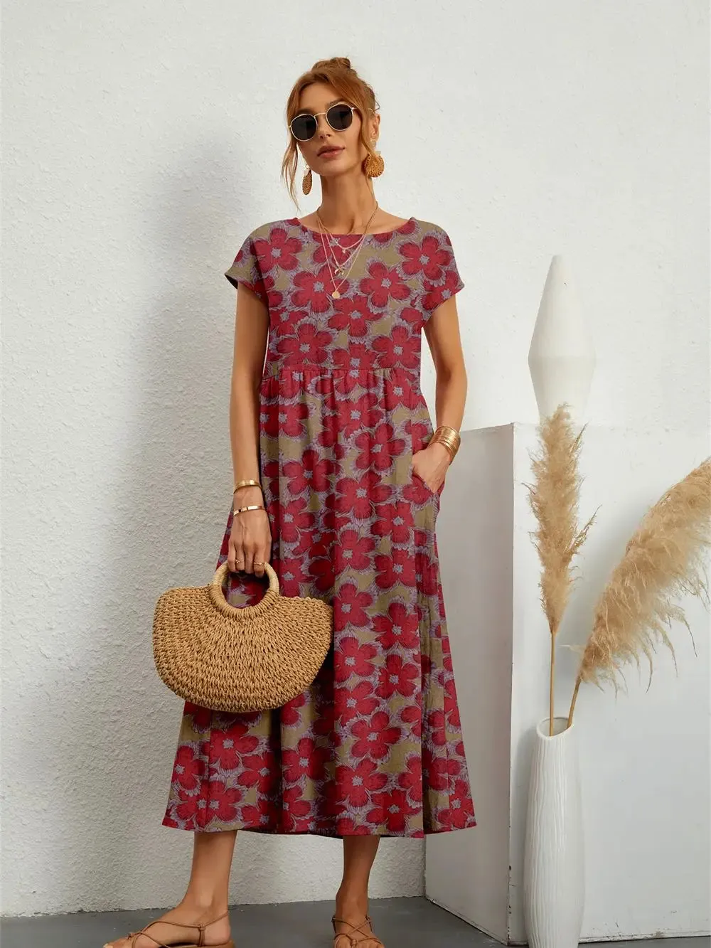 Summer Casual Fashion Short Sleeve Print O-neck Midi Dress with Pockets for Women