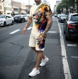 Summer new 3D tiger lion print men's round neck short sleeved T-shirt shorts set 2-piece high-quality  casual street sports set