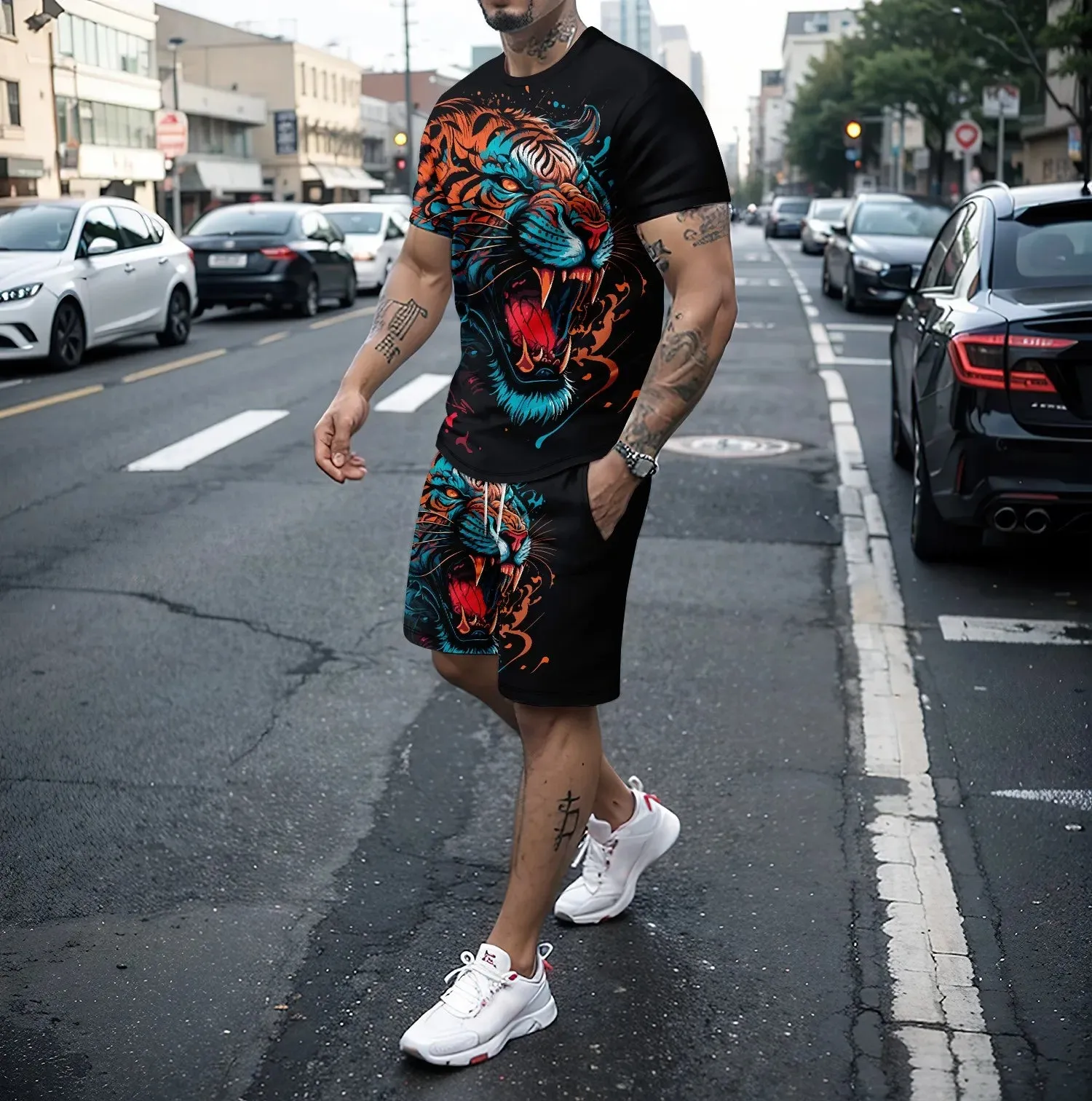 Summer new 3D tiger lion print men's round neck short sleeved T-shirt shorts set 2-piece high-quality  casual street sports set