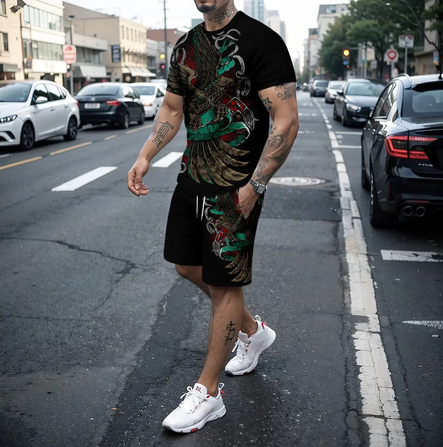 Summer new 3D tiger lion print men's round neck short sleeved T-shirt shorts set 2-piece high-quality  casual street sports set