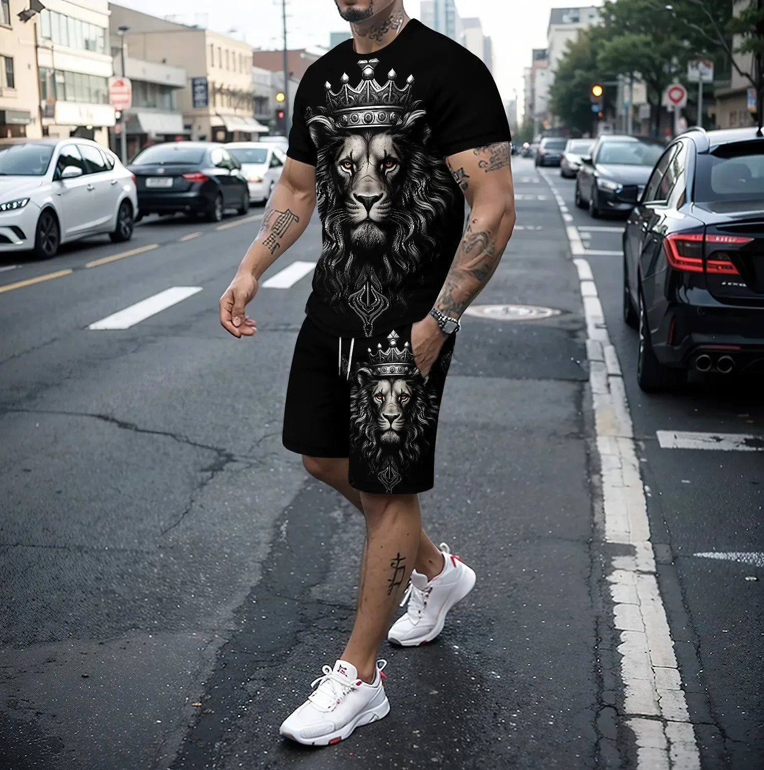 Summer new 3D tiger lion print men's round neck short sleeved T-shirt shorts set 2-piece high-quality  casual street sports set