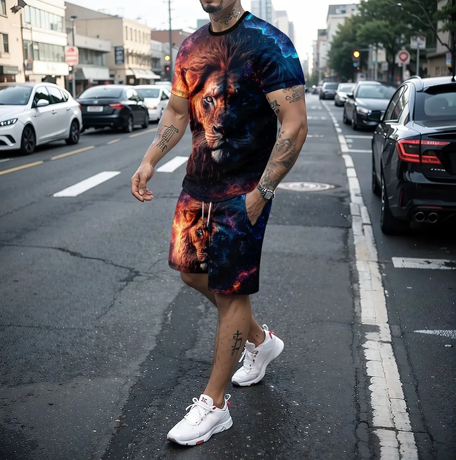 Summer new 3D tiger lion print men's round neck short sleeved T-shirt shorts set 2-piece high-quality  casual street sports set