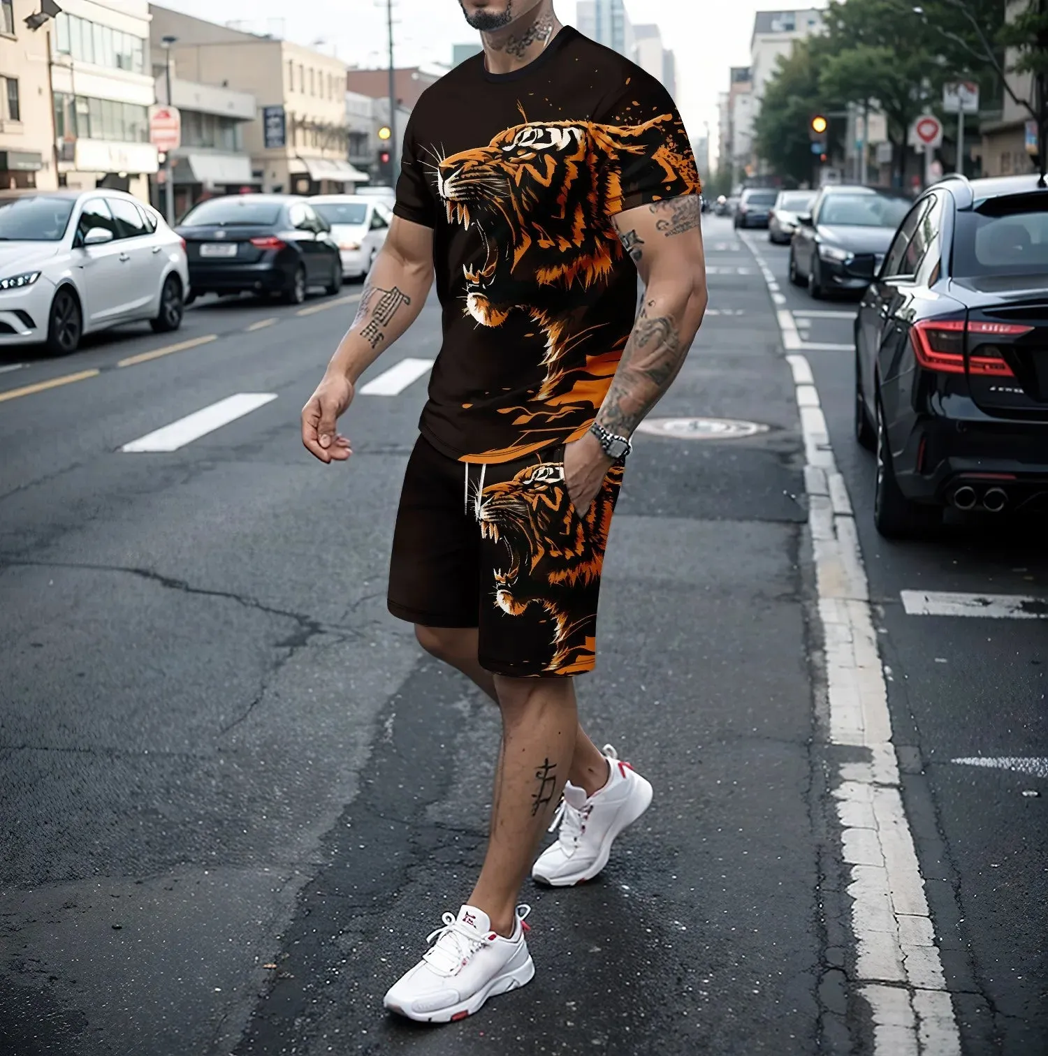 Summer new 3D tiger lion print men's round neck short sleeved T-shirt shorts set 2-piece high-quality  casual street sports set