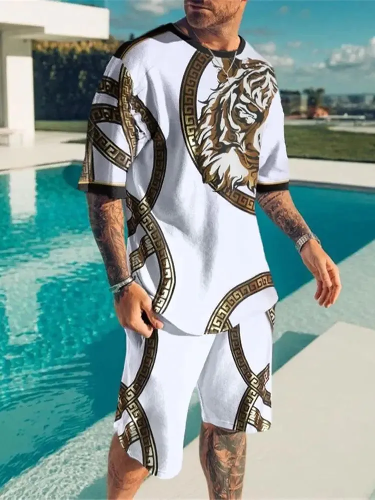 Summer Tracksuit T-shirt Shorts 2 Piece Animal Tiger Printed Outfits Sports Suit Oversized Casual Streetwear Man Sets Clothing