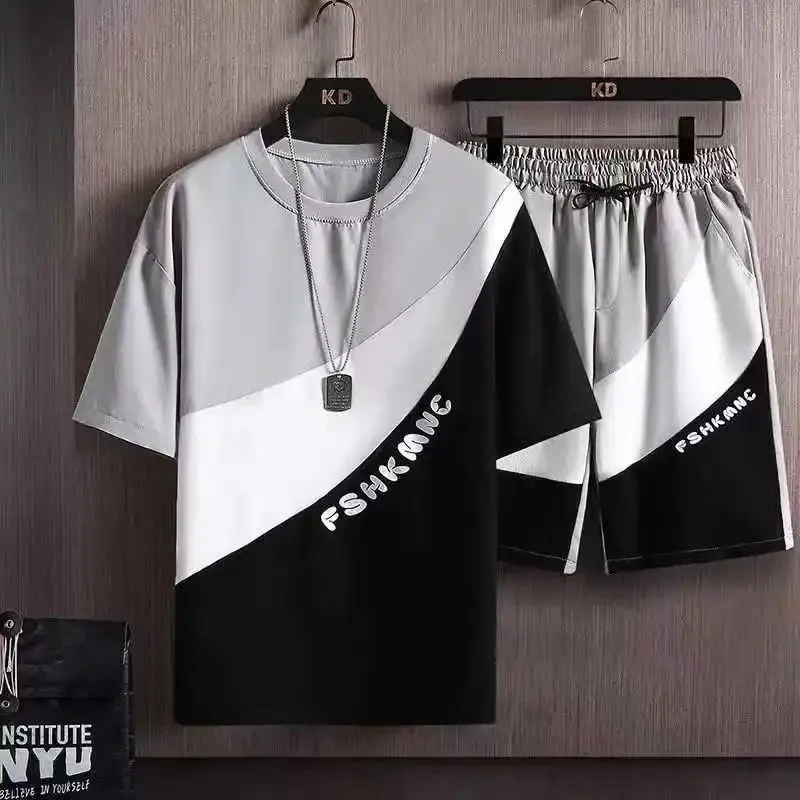 T Shirts for Men Clothing Casual Silk Gradient Men Set  Tshirt Summer Running Men's Two-piece Oversize Gym Sport Short Pants