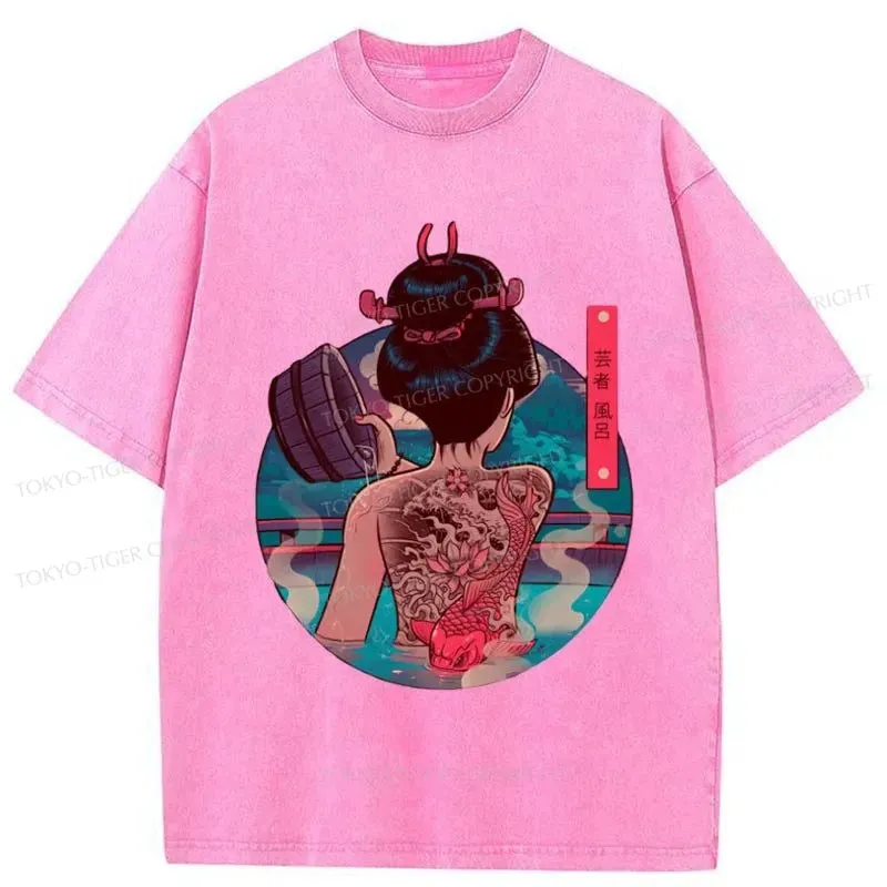 Tokyo-Tiger Geisha Bath Tattoo Washed T-Shirt