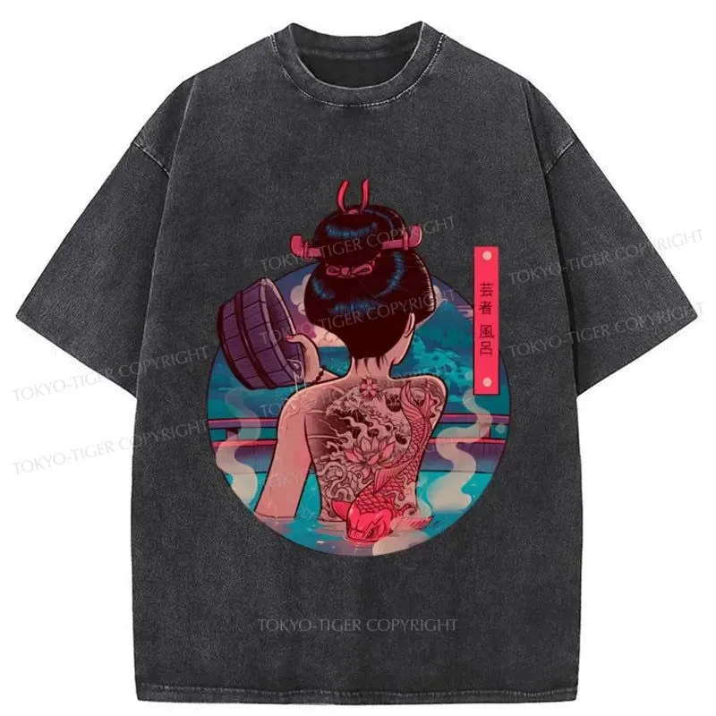 Tokyo-Tiger Geisha Bath Tattoo Washed T-Shirt