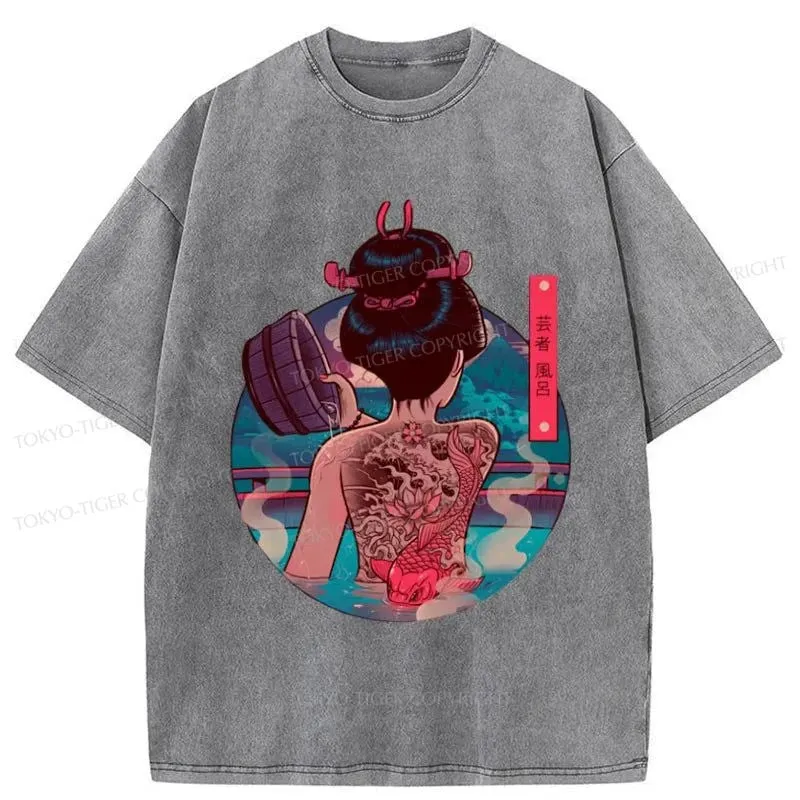 Tokyo-Tiger Geisha Bath Tattoo Washed T-Shirt