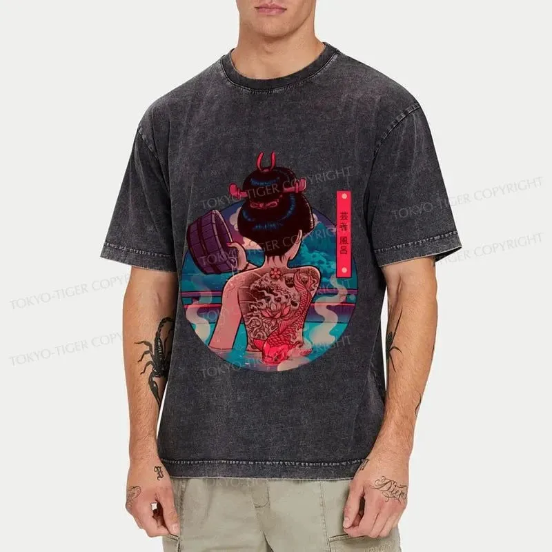 Tokyo-Tiger Geisha Bath Tattoo Washed T-Shirt