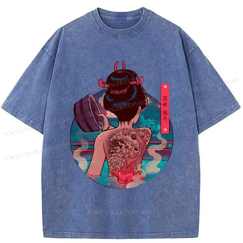 Tokyo-Tiger Geisha Bath Tattoo Washed T-Shirt