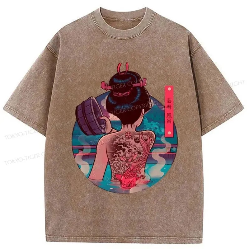 Tokyo-Tiger Geisha Bath Tattoo Washed T-Shirt