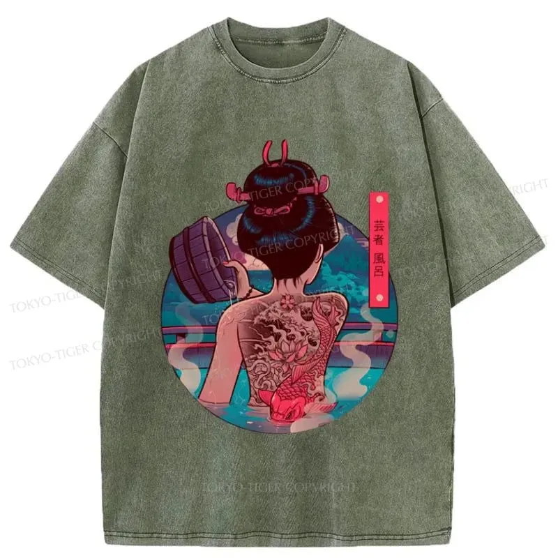 Tokyo-Tiger Geisha Bath Tattoo Washed T-Shirt