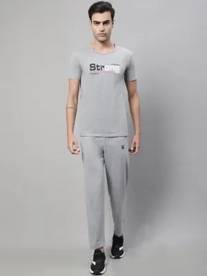 Vimal Jonney Grey Melange Cotton Printed Co-ord Set Tracksuit For Men(Zip On 1 Side Pocket)