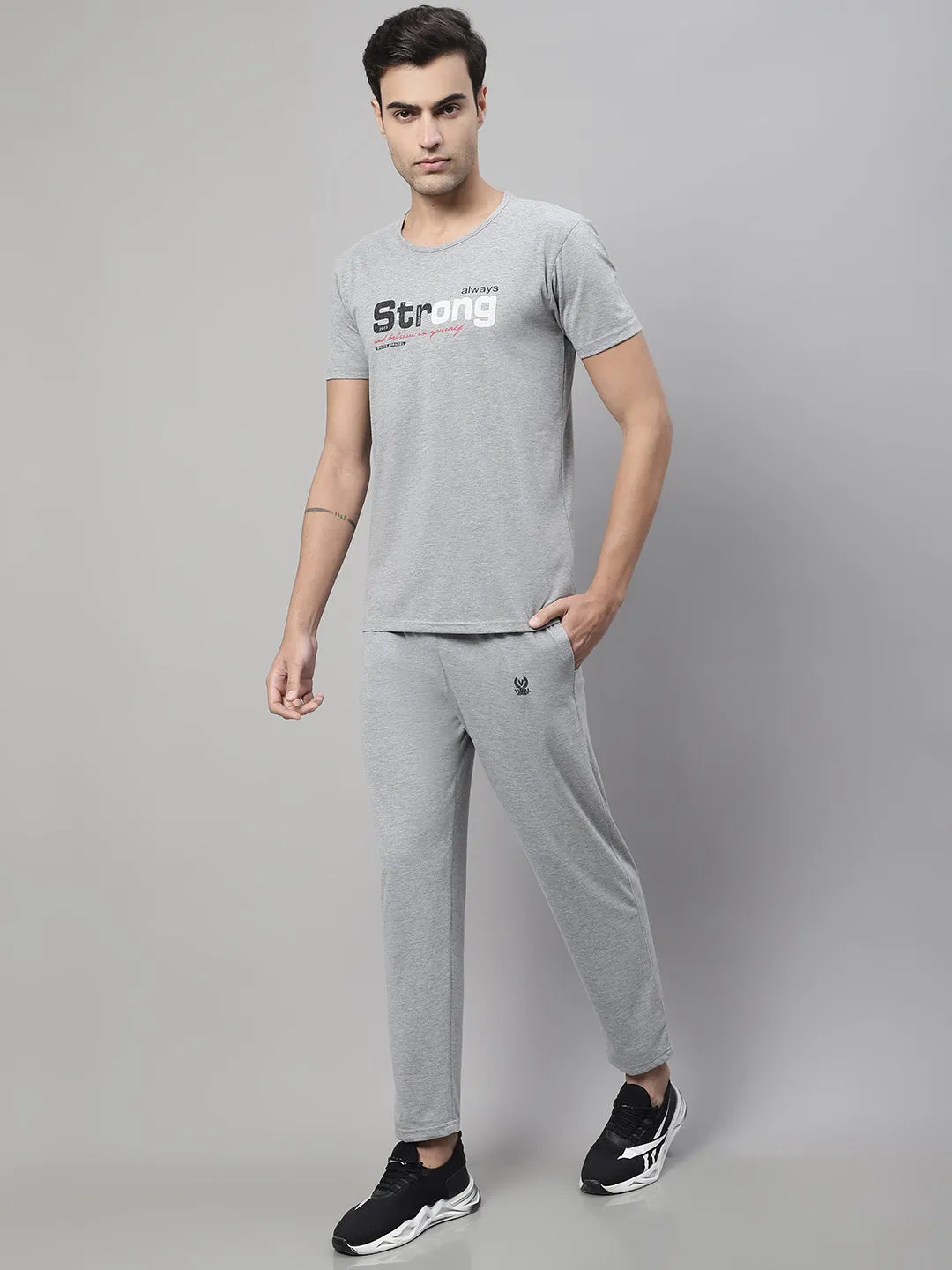 Vimal Jonney Grey Melange Cotton Printed Co-ord Set Tracksuit For Men(Zip On 1 Side Pocket)