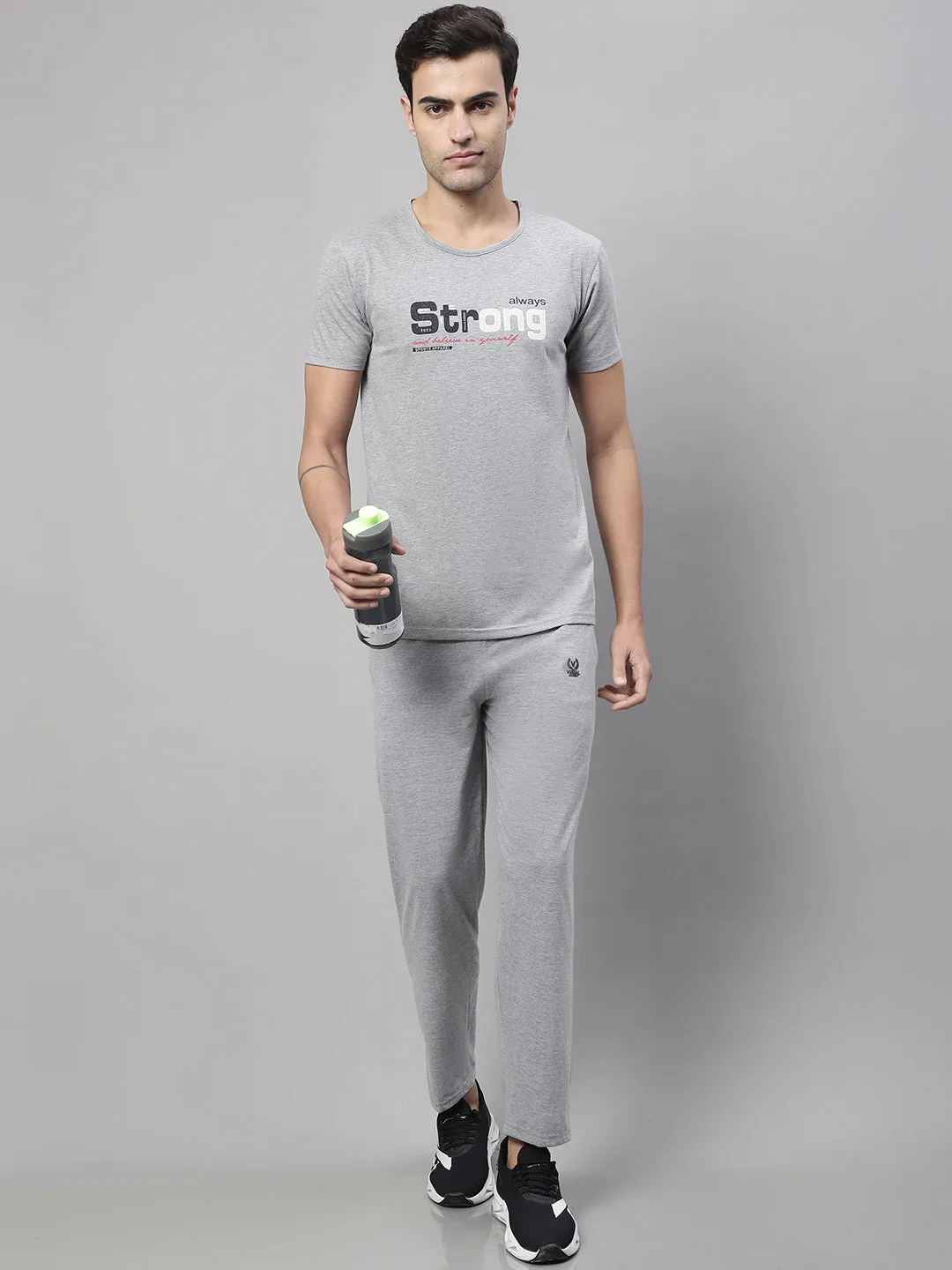 Vimal Jonney Grey Melange Cotton Printed Co-ord Set Tracksuit For Men(Zip On 1 Side Pocket)