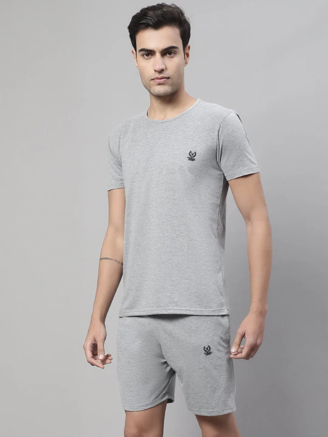 Vimal Jonney Grey Melange Cotton Solid Co-ord Set Tracksuit For Men(Zip On 1 Side Pocket)