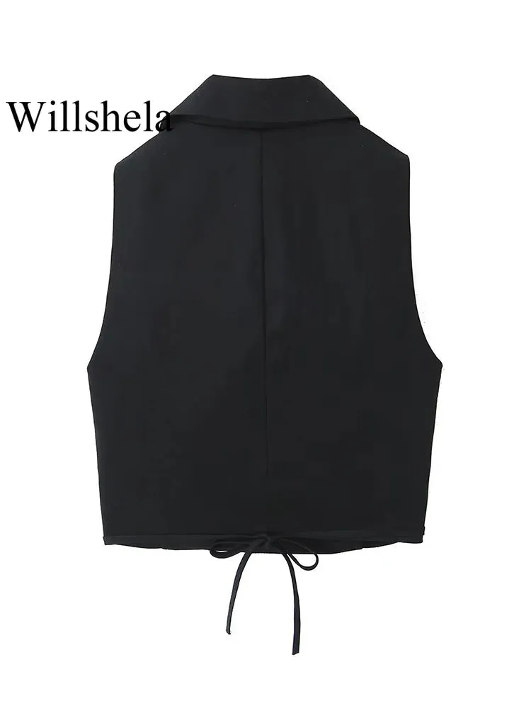 Willshela Women Fashion Solid Lace Up Sleeveless Jackets Waistcoats Vintage V-Neck Vest Female Chic Lady Tank Tops