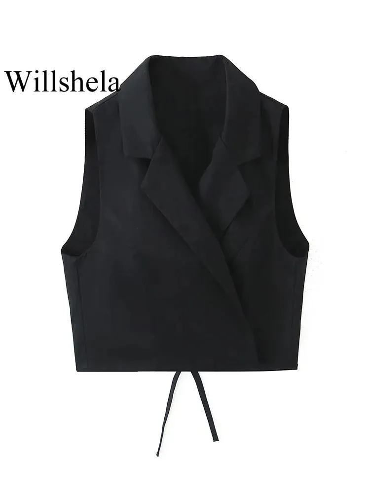 Willshela Women Fashion Solid Lace Up Sleeveless Jackets Waistcoats Vintage V-Neck Vest Female Chic Lady Tank Tops