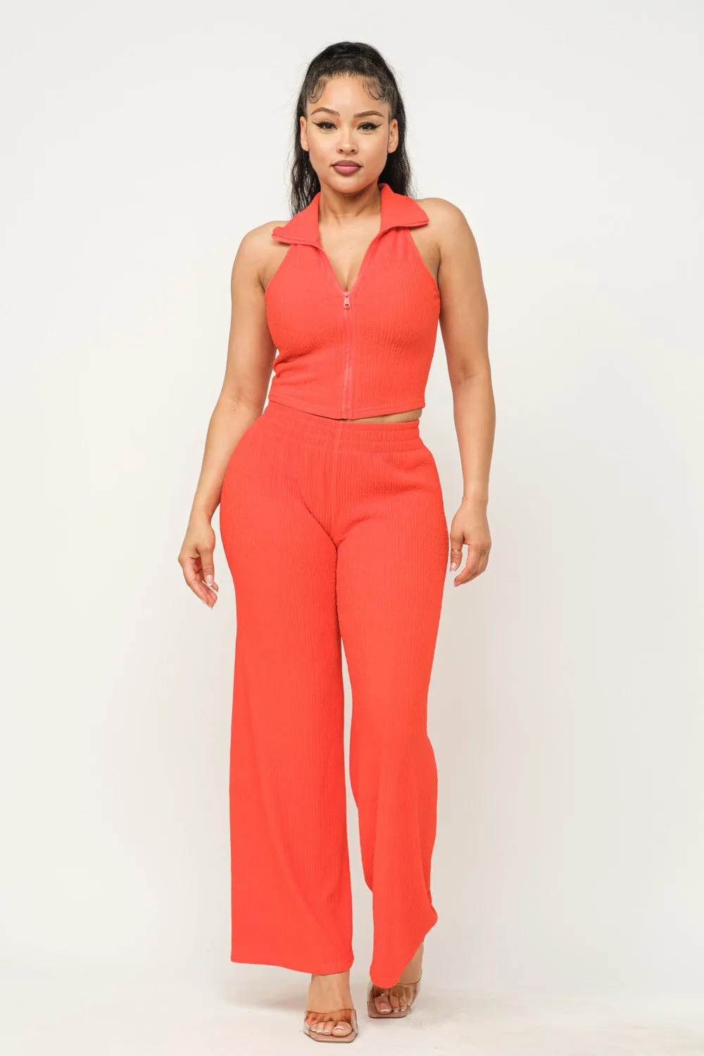 Winkle Textured Cropped Top / Pants Set