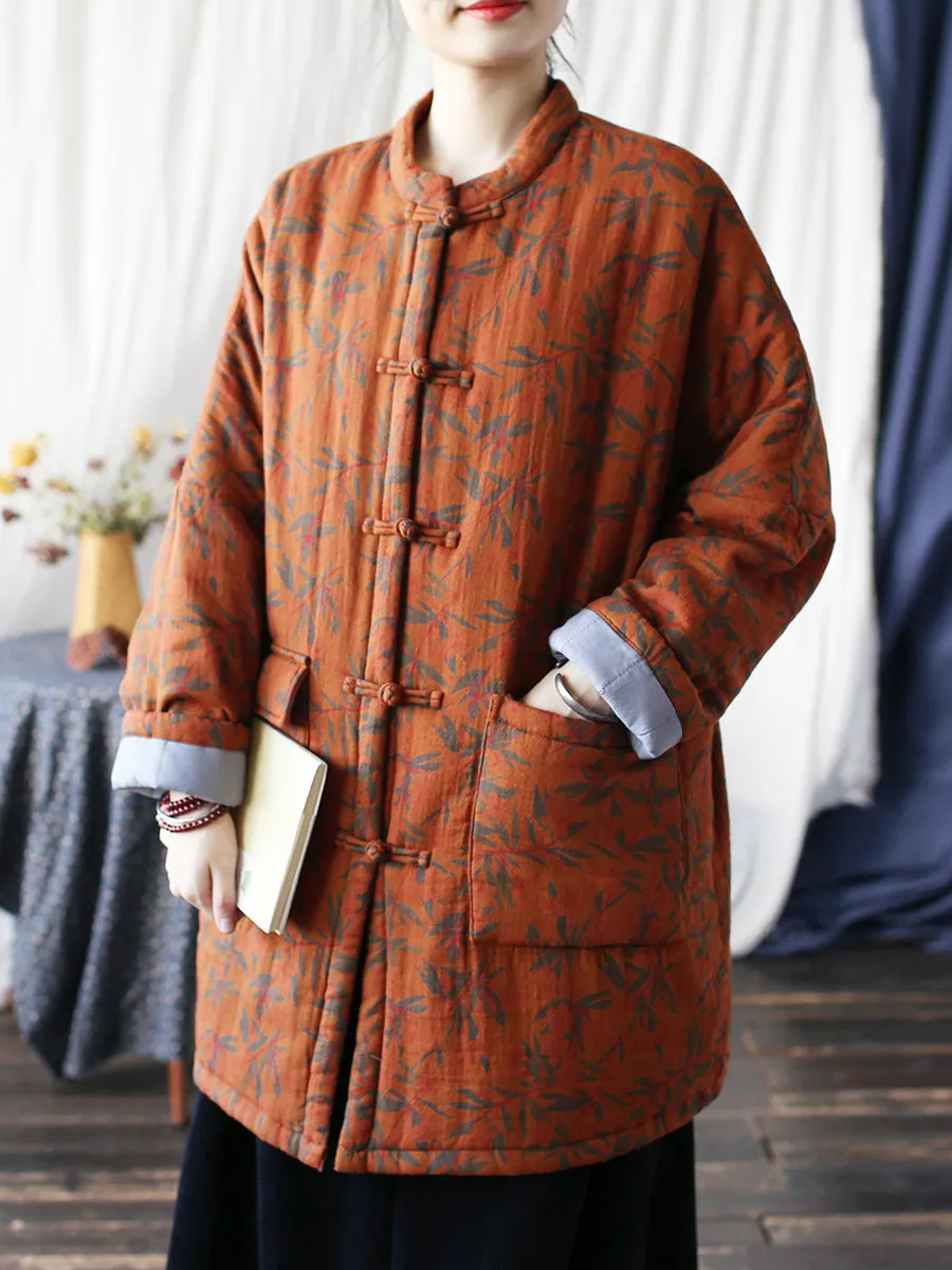 Women Autumn Vintage Leaf Print Cotton Long Coat