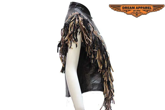 Women Black and Brown Vest with Beads, Bone, Braid & Fringe with Snaps