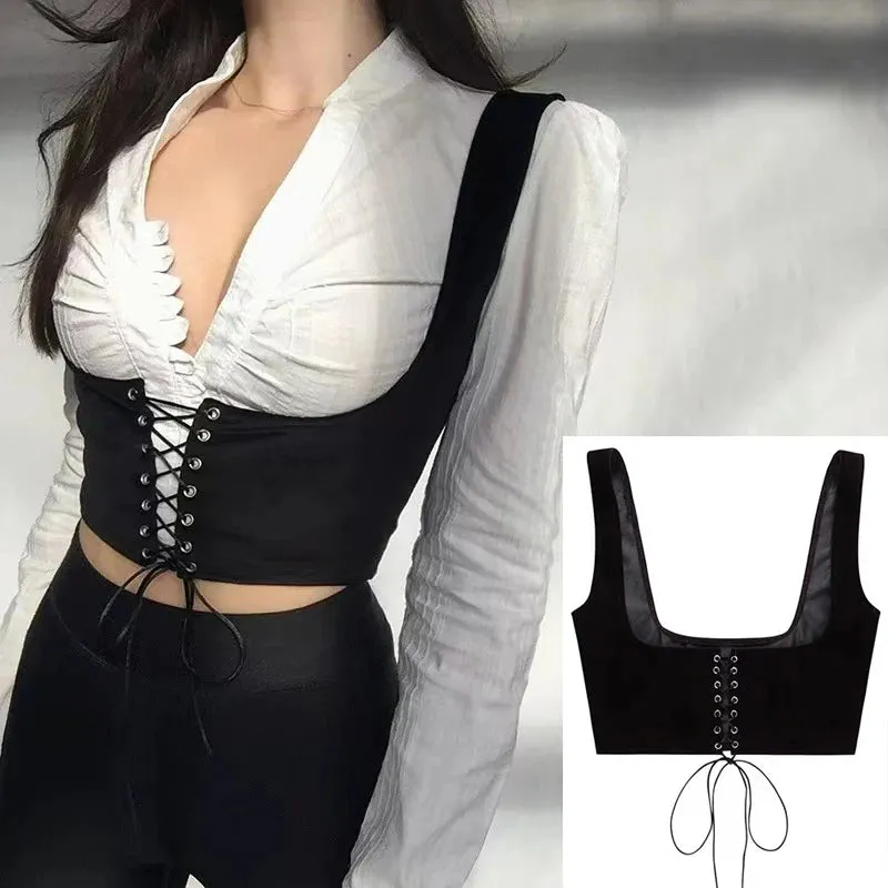 Women Bustier Corset Underbust Lace-Up Suspender Crop Tops Vest Europe And America Waist Bodyshaper Lace Suspender Crop Top New