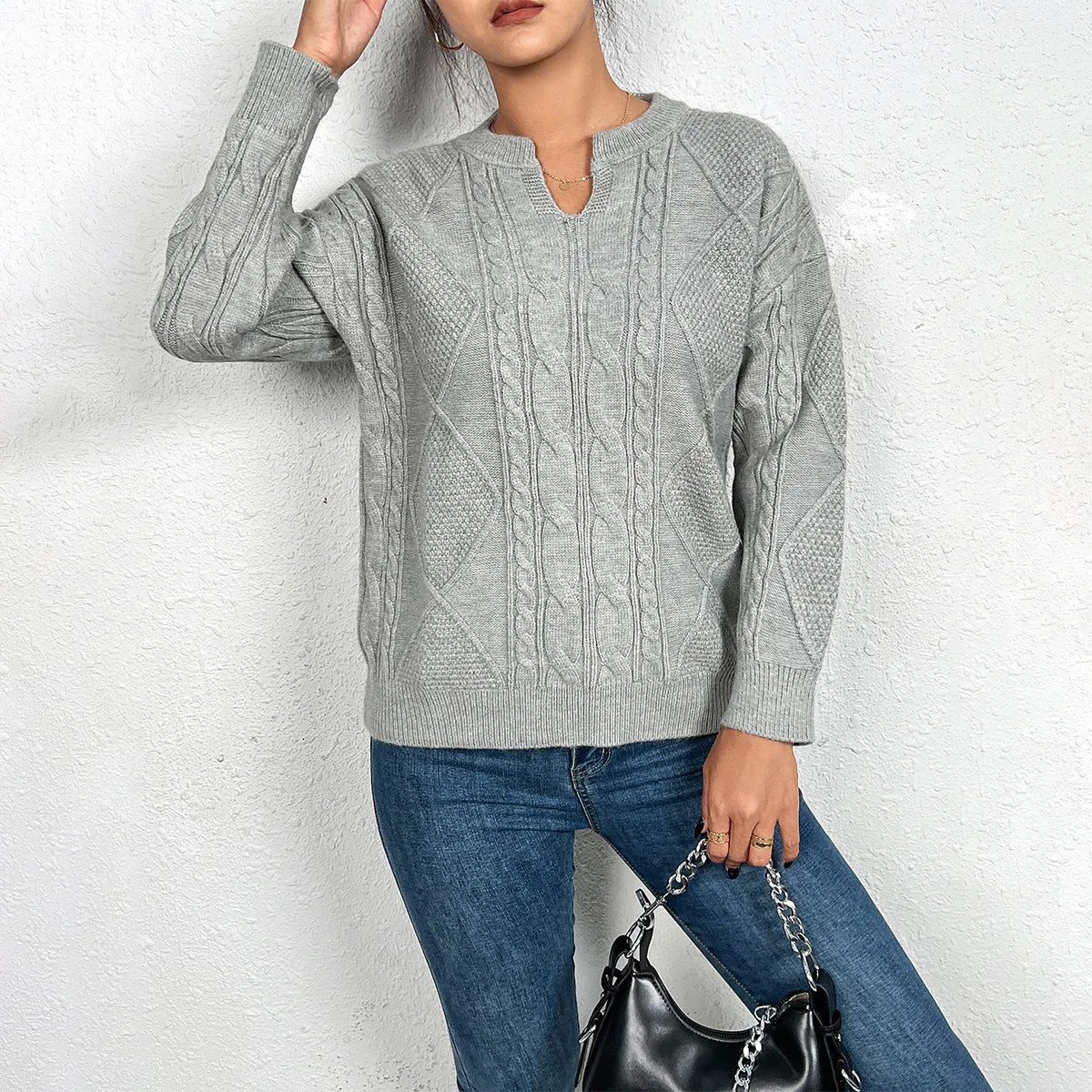 Women Clothing Spring Autumn Pullover Elegant V Neck Twist Thread Geometric Abstract Pattern Knitted Top