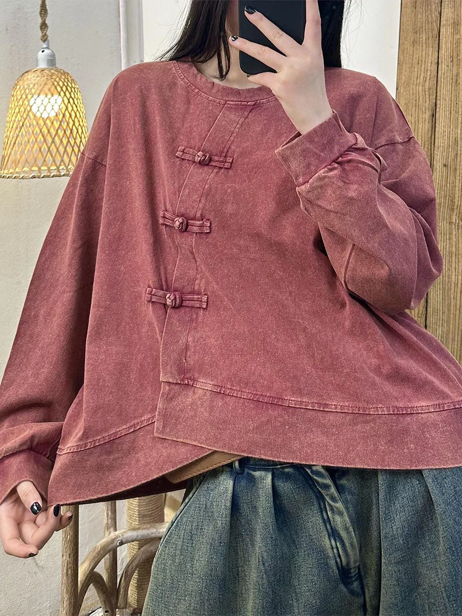 Women Ethnic Irregular Spliced Buckle O-Neck Cotton Shirt