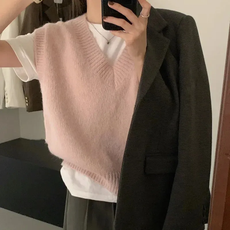 Women Knit Office Sweater Vest Loose Casual Pullovers Vest Bottoming Solid Sweater Vest For Women 2023 Autumn Winter