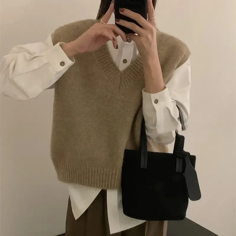 Women Knit Office Sweater Vest Loose Casual Pullovers Vest Bottoming Solid Sweater Vest For Women 2023 Autumn Winter